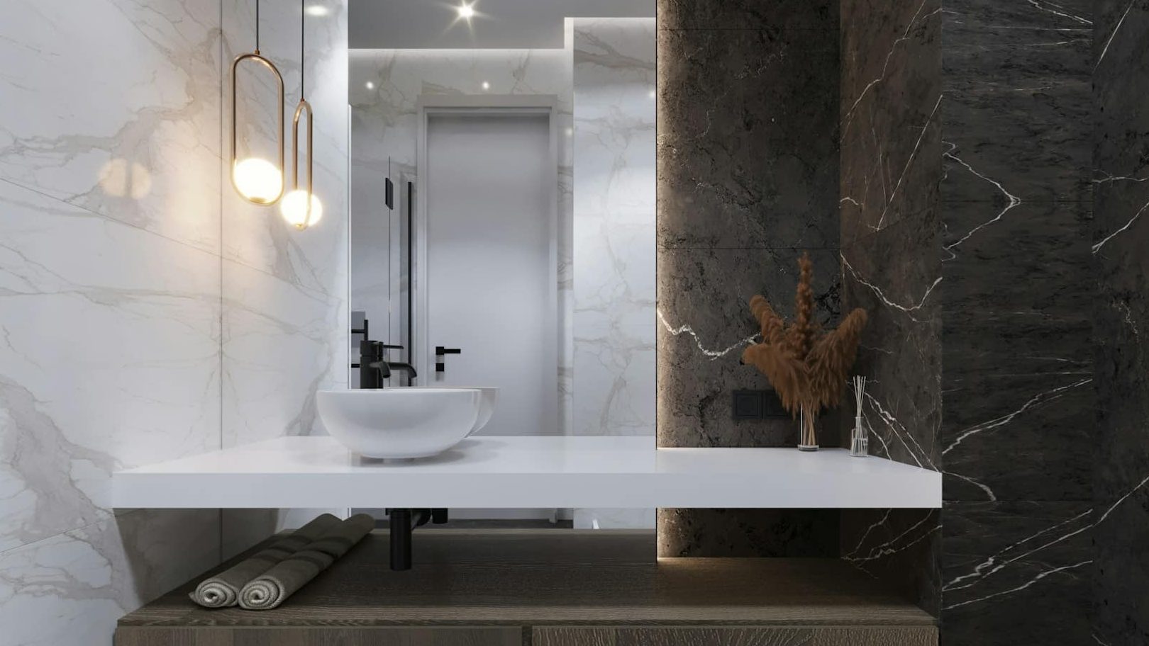 Encimera de Solid Surface en baño contemporáneo: superficie continua sin juntas visibles