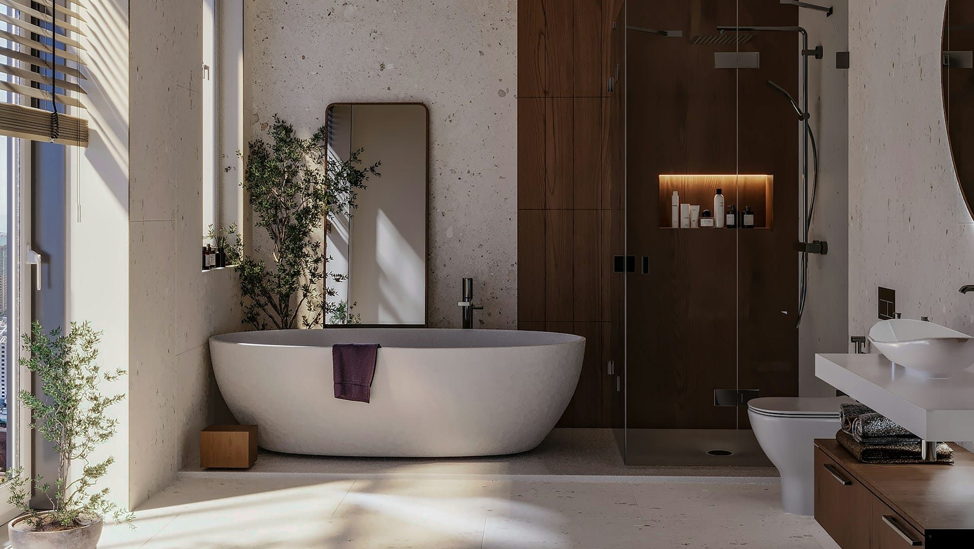 Solid Surface vs Corian vs Krion: bañera exenta premium en baño moderno